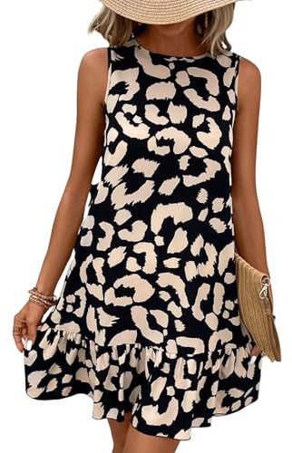 SweatyRocks Sommerkleid Damen Kurz Strandkleid Minikleid Mit Schleife Leo Kleid Freizeitkleid Rückenfreies Kleid Tankkleid Rüschenkleid Leo XS