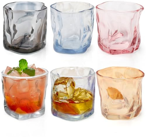 Gohytal Juego de 6 vasos de 200 ml, vasos irregulares, vasos de whisky, modernos vasos de cristal para cócteles, elegantes vasos de agua, vasos de zumo, vasos de agua, té, café, zumo de bourbon ron