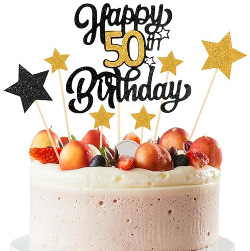 Happy 50th Birthday Cake Topper 50th Happy Birthday Cake Topper Black Gold Glitter Cheers to 50 Years Birthday Cake Pick 50th Anniversary Cake Topper for Birthday Party