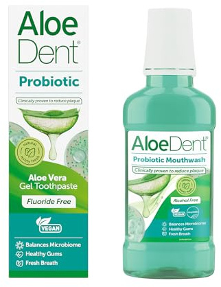 AloeDent Dentífrico Probiótico 75ml & Enjuague Bucal 250ml - Equilibra el Microbioma Oral, Probiótico Bucal Natural con Aloe Vera & Xilitol, Sin Flúor, Sin SLS, Vegano