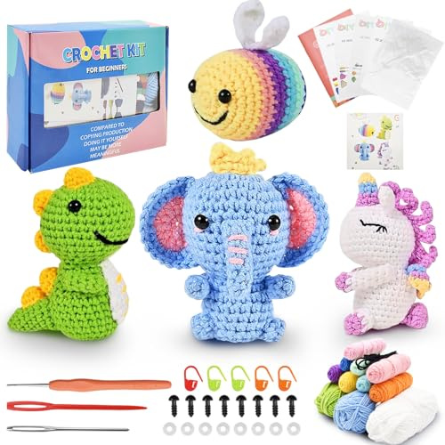 YTACREA Häkelnadel Set für Anfänger, Crochet Set für Kinder Erwachsen, Häkelset Tiere mit Videokurs und Anleitung, Amigurumi Sets - Bienen-Elefanten-Dinosaurier-Einhörner, Strickset für Häkel-Fans