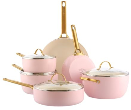 GreenPan Reserve Harteloxiertes Gesundes Keramische Antihaft-Kochgeschirr Set,10 Teile,Inklusive Bratpfannen Sautierpfanne und Kochtopf,Goldgriff,PFAS-frei,Induktion,Backofenfest,Blush Pink