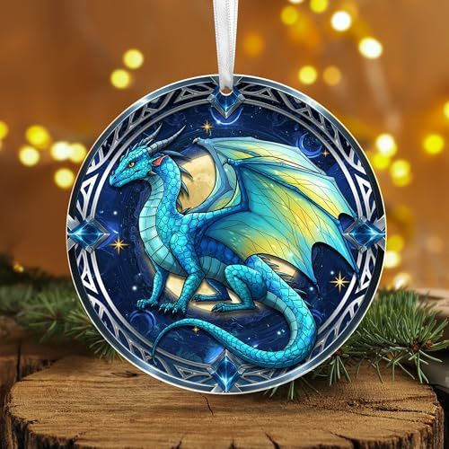 Blue Dragon Suncatcher Ornament with Moon & Stars – Gothic Dragon Decor Gift for Boys, Teens & Mythical Lovers
