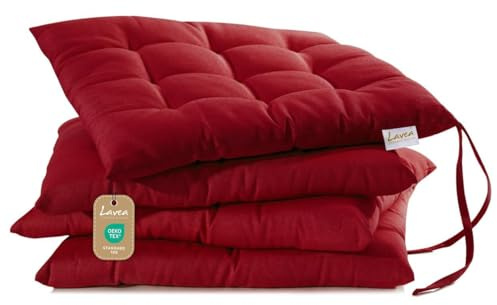 Lavea® Coussins de Chaise 40x40 cm – Lot de 4 avec Attaches – Confortables et lavables pour intérieur, extérieur - pour Jardin, Balcon, terrasse et Cuisine - Bordeaux