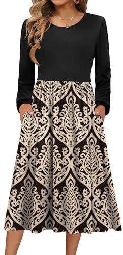 Zeagoo Robe femme, à manches longues, tricotée, col rond, robe d'automne, coupe trapèze, mi-longue, tunique, décontractée, avec poches, L