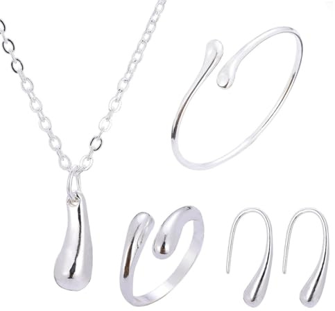 SanKristo Conjunto de Pulsera, Collar Pendientes y Anillo con Forma de Lágrima, Conjuntos de Joyas para Mujer Perfectos para Fiestas, Cumpleaños y Bodas, Plata
