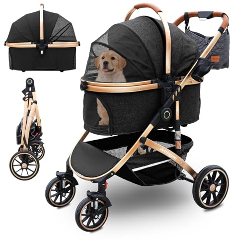 Quolliter Hundebuggy für Hunde & Katzen bis 30 kg Hundewagen 3-in-1 | Abnehmbare Tragetasche•Geländetaugliche PU-Räder•3-in-1 Reisesystem•Leichter Aluminiumrahmen•Einhand-Faltung•Für Alltag
