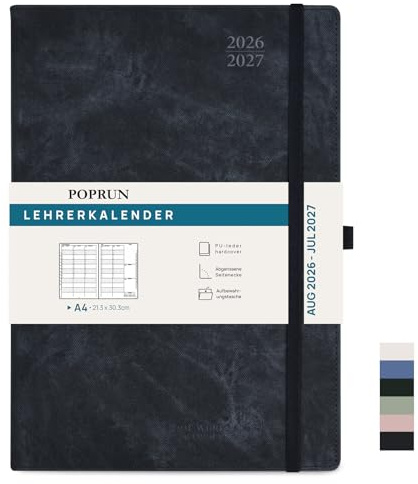 POPRUN Lehrerkalender 2026 2027 Hardcover ca.A4(21 x 29,7cm) auf Deutsch | Lehrerplaner für Lehrerinnen und Lehrer,mit Monatliches Register,Schulplaner mit PU-Leder,für die Unterricht(Schwarz)