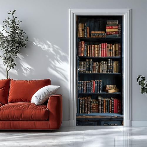 Türtapete Selbstklebend 86x200 Fenster Türfolie Türposter Buch Bücherregal Vintage-Stil Türklebefolie Wandbild Türaufkleber Wandtapete 3D Effekt für Wohnzimmer Schlafzimmer Küche