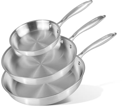 Stainless Steel Frying Pan Set – 3pcs Induction Hob Pan Set – Naturally Non-Stick Tri-Ply Stainless Steel – 18cm, 26cm & 30cm Cooking Pans – by Nuovva