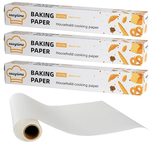 Baking Paper Roll 3 Pack, 30 cm x 30 m, Greaseproof Non-Stick Parchment Paper for Baking with Cutter, Oil-Proof and Heat-Resistant for Cooking, Grilling, Steaming and Air Frying