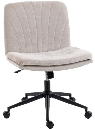 HOMCOM Bürostuhl ohne Armlehnen, Chenille-Bürostuhl, höhenverstellbar, gepolsterte Sitzfläche, Wippfunktion, um 360° drehbar, moderner Computerstuhl für Büro, Schlafzimmer, beige