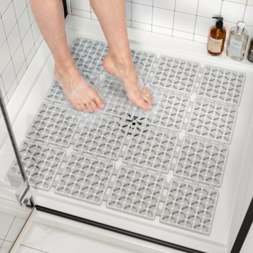 HITSLAM Alfombra Ducha Antideslizante, 60x60 cm Alfombrilla Ducha TPE Suave Sin Olor, Cortable a Medida, Tapete de Baño Cuadrado con Ventosas y Orificios de Desagüe, Gris