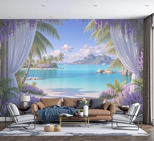 Papel Pintado Playa Tropical 250 × 175 Cm Fotomurales Para Pared 3D, Cortinas Blancas Con Escena Oceánica Papel Tapiz Pintado En Tejido De Seda - Pared Moderna,Púrpura Murales Fotográficos Decorativos