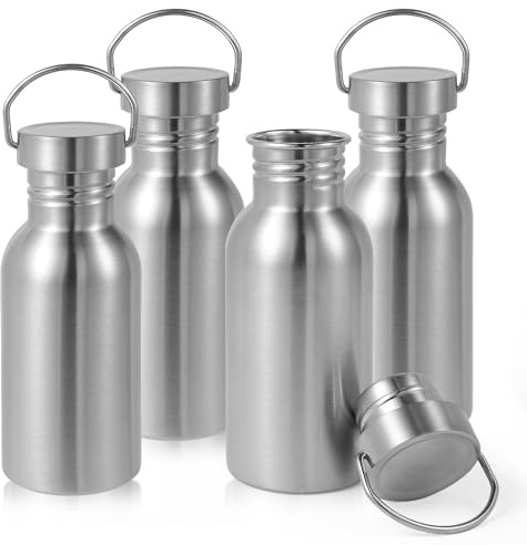 Volhoply Lot de 4 bouteilles d'eau de 473 ml en acier inoxydable 304 avec poignée, paroi simple, non isolée, sans plastique, 18/8 avec large goulot pour camping, randonneurs, cyclistes