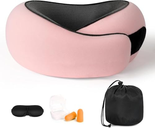 Purecas Nackenkissen Flugzeug 360°, Memory Foam Reisekissen mit Schlafmaske | 360°-Nackenstütze aus Memory Foam für Flugzeug, Zug und Auto, inklusive Schlafmaske, Ohrstöpseln und Tragetasche