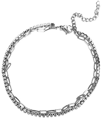 Skcess strand fotkedja, fotsmycke barfota rostfritt stål dubbel kedja med zirkonia barfota strand fotled armband guld/silver för kvinnor, 25–30 cm längd, Rostfritt stål, Kubisk zirkonia