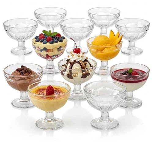 UNIQUE HOME LIVING Stemmed Clear Glass Dessert Bowls, 200ml Set of 12 Ice Cream, Sundae, Trifle Pudding Dish, Fruit Salad Dessert Cups, Cocktail Bowls for Family Gatherings, Parties, Dishwasher Safe