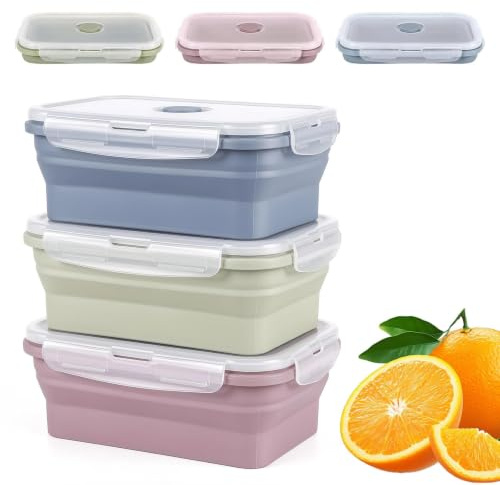 Gusmigus 3 Pezzi Contenitori Alimenti Pieghevoli 800ml Lunch Bento Box con Coperchio Schiscetta Pranzo in Silicone Microonde Frigorifero Scatola Conservazione Degli Alimenti Portatile