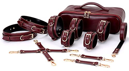 SUTTZZS BDSM Set Fesseln & Bondage, Bondageset Fessel Set, DREI Farben Sind Erhältlich, Oberschenkelring, Handschellen, Fußfesseln, Sm Sexspielzeug Extreme Paare,Rot