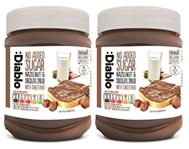 Diablo No Added Sugar Hazelnut Chocolate Spread – Sweetened with Maltitol – Low Sugar Belgian Chocolate Spread for Toast, Waffles, Breakfast, Baking, Healthy Snacking - 350g 2 Pack