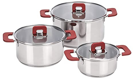 Amazon Basics 3 Stück Kochtopf-Set - Edelstahl, anti-haftend, induktionsgeeignet, mit Deckeln - 16/20/24 cm