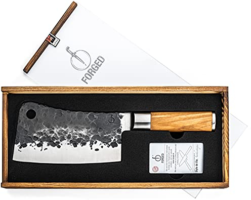 Forged Cuchillo de cocina chino de 17,5 cm, hecho a mano, en caja de madera