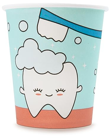Wellsamed WELLSACUP 100 Stück Pappbecher 180 ml, Motiv Zähnchen, geeignet für Heiß- und Kaltgetränke, Kindergarten, Motivation Zahnpflege Mundhygiene