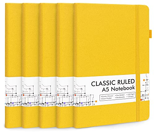 feela Notizbuch A5 liniert Hardcover, 5 Notizbücher Set, Journal Buch mit 3 Gelstifte schwarz, 120 GSM, 13x21cm, Notizblock Set geeignet für Büro, Schule, für Kinder und Erwachsene, Din A5, Gelb