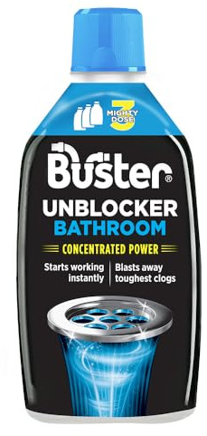 Buster Bathroom Drain Unblocker (Triple Dose Bottle) 900ml | Fast-Acting Sink Unblocker, Dissolves Hair, Sludge & Soap, Drain Cleaner for Shower, Bath and Bathroom Sink Pipes