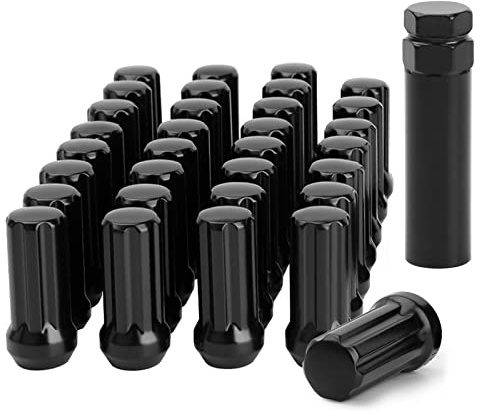 glorider 32pcs M14x1.5 Lug Nuts Spline Black, 14x1.5 Aftermarket Wheel Lug Nuts for F150 F250 F350 Silverado Sierra Ram 2500 3500 with 1 Socket Keys Long Extended