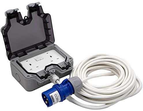 IP44 16 Amp Blue CEE Plug to IP66 2 Gang 13a Trailing sockets. Weatherproof Portable Outdoor Mains Power Extension Lead (Length 15 Metres)