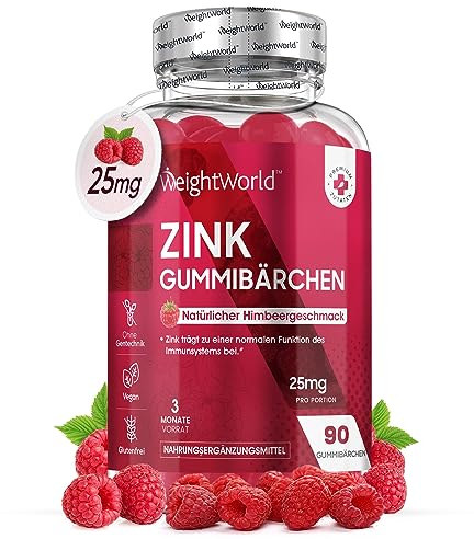 Zink Gummibärchen - Mit Himbeergeschmack - 90 vegane Zinkcitrat Gummies für 3 Monate Vorrat - Alternative zu Tabletten und Kapseln - Zinc Supplement von WeightWorld