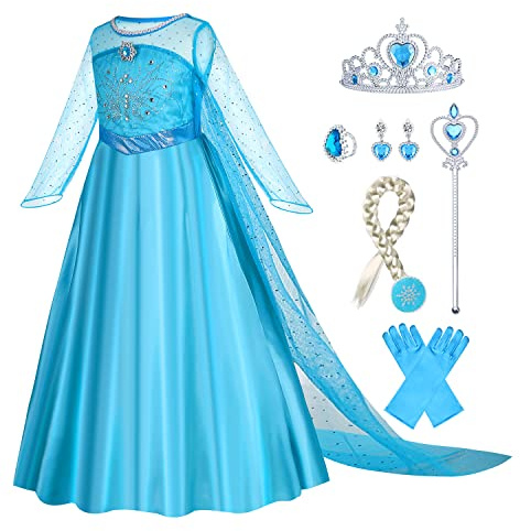 Gridamea Blaues Prinzessinnenkleid für Mädchen mit Krone, Zauberstab, Handschuhen und Zubehör – Kostüm für Kindergeburtstag, Party, Cosplay