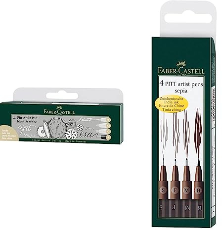 Faber-Castell 167151 - Tuschestift Pitt Artist Pen Black and White, 4er Set & 167101 - Tuschestift Pitt artist pen 4er Packung sepia