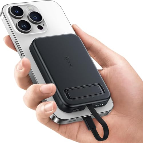 EMNT Mini magnetisk bärbar laddare för typ C, 5 200 mAh kraftbank med integrerad kabel/metallstativ, batteripaket kompatibel med Sumsang Android