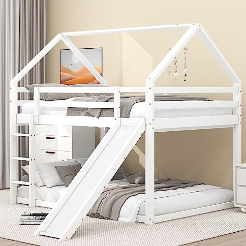 Merax Lit superposé, Double, 140 x 200 cm, pour Enfants, avec Toboggan et échelle, Blanc (sans Matelas)
