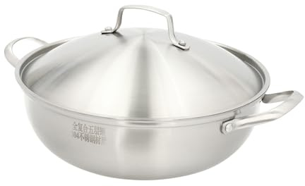 Bathrena Stainless Steel Wok with Lid - Scratch Proof Stir-Frying Pan for Gas, Induction or Electric Stove (32cm)