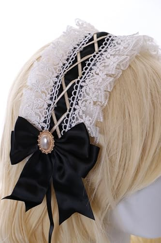 C-09-4 svart vit zofe maid lolita satin spets volanger hårband med rosett gotiskt hårsmycke pannband hårtillbehör