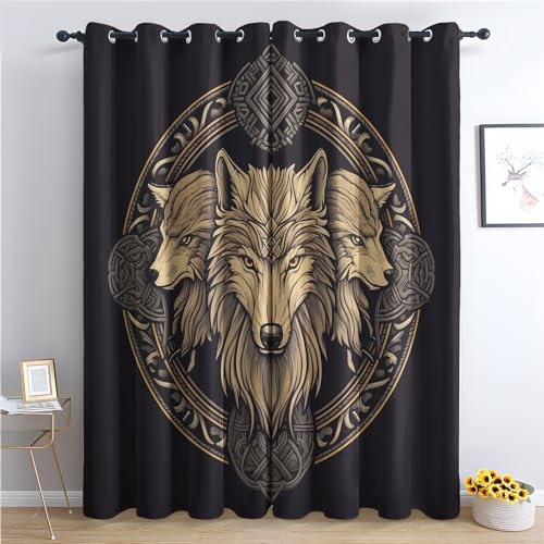 THYUNQ Vorhänge Wikinger Wolf Motiv, Vorhang Blickdicht Verdunklungsvorhänge Thermovorhang mit Ösen, Gardinen Wohnzimmer Schlafzimmer Fenster, 2er Set Curtains, H 160 x B 140 cm