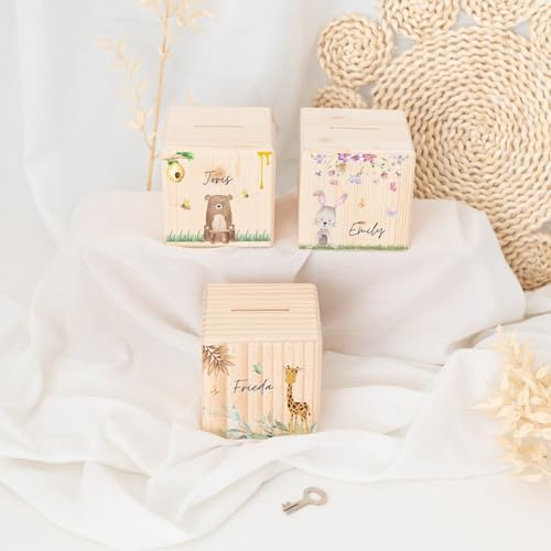 wunderwunsch® - Personalisierte Spardose Kinder aus Holz mit Metallschloss - Spardose mit Namen mit kinderfreundlichem UV-Druck zum Sparen für Kinderträume (Hase)