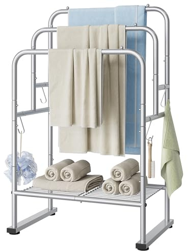 ELYKEN Porte-serviettes debout de 40 pouces, porte-serviettes à 3 niveaux pour extérieur, support de serviettes de piscine et couverture avec étagère et 4 crochets amovibles, porte-serviettes