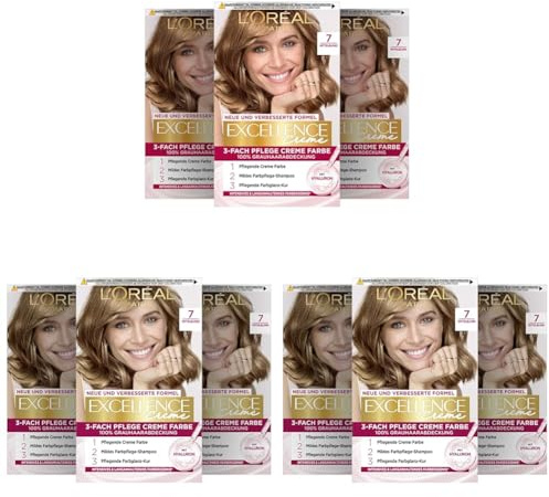 L'Oréal Paris Permanente Haarfarbe, 100% Grauhaarabdeckung, Haarfärbeset mit Coloration, Shampoo und 3-Fach Pflege Creme Farbe, Excellence Creme, 7 Mittelblond, 3 x 268 g (Packung mit 3)