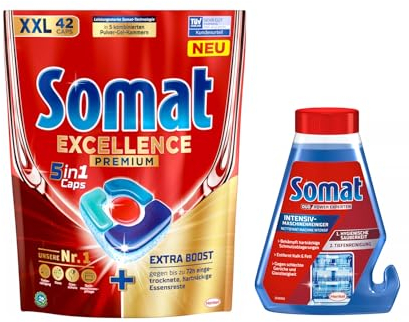 SOMAT 5in1 Caps 42 AW Excellence Premium, schnellauflösende Spülmaschinentabs mit Extra Boost, entfernen hartnäckige Essensreste + Somat Duo Power Experten Intensiv-Maschinenreiniger 250ml