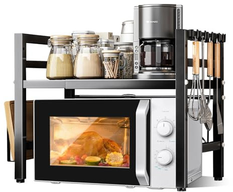 UCAMP Mensola Microonde Estensibile,Regolabile Due Livelli Microonde Scaffale,Mensola Microonde Regolabile e Salvaspazio Scaffale da Cucina (40-64cm),Supporto Microonde con 6 Ganci