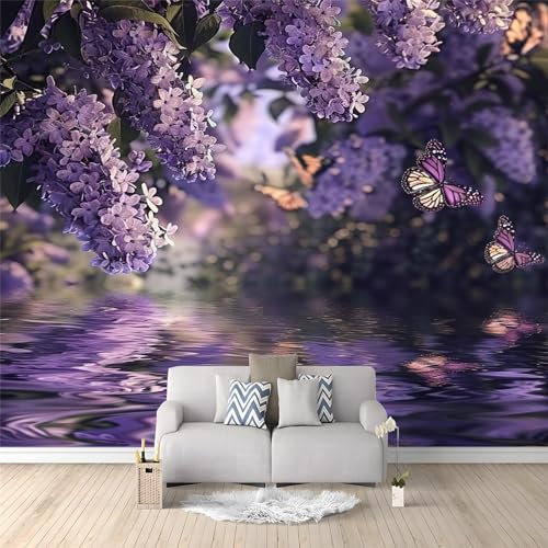 Art Fototapete Lila Blumen und Schmetterlinge 250 x 175 cm - Vlies Tapeten Moderne Wand Dekoration für Wohnzimmer, Schlafzimmer Büro und Flur, Design Wandtapete Design
