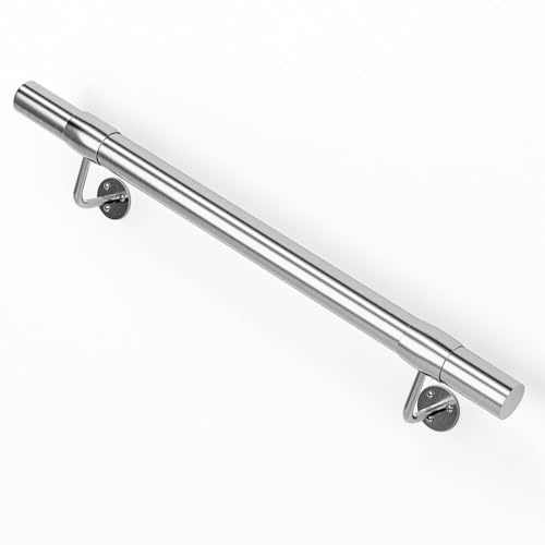 ZALNVEY 3 Ft Industrial Metal Stairs Handrail Kit, Sturdy Wall Mount 304 Stainless Steel Hand Rail, Indoor Outdoor Stair Railing Wood Concrete Brick Wall,1.65 in Round Pipe Grab Bar, Silver