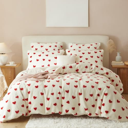 Nyescasa Plüsch Bettwäsche 155x220 Rot Herzen Warme Winter Flauschig Flanell Wendebettwäsche Langhaar Kunstfell Deckenbezug Fleece Cashmere Touch Bettbezug mit Reißverschluss und Kissenbezug 80x80cm