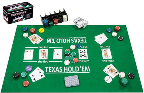 Engelhart - 320900 – Komplettes Poker-Set – Metalldose mit Matte, 200 Chips (4 g), 2 Kartenspiele, Dealer-Knöpfe, kleine und große Blinde + Spielregeln