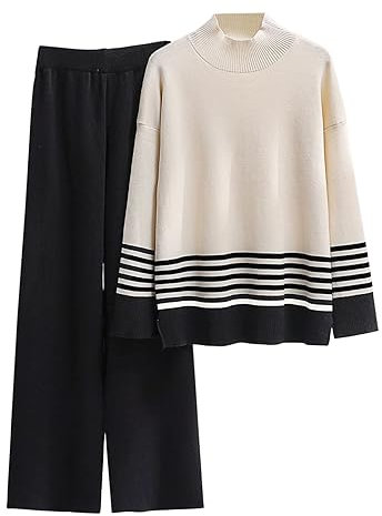 Yekdmxop Damen-Overalls für Damen, elegant, warm, Strickset, niedliches Set für Damen, kurvig, elegant, Overall für Damen, zu Hause, Winter, eleganter Pullover und Hose mit weitem Bein, Schwarz , S